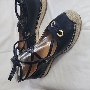 #17 Crown Vintage Black lace up flat Espadrille casual shoes size 9.5